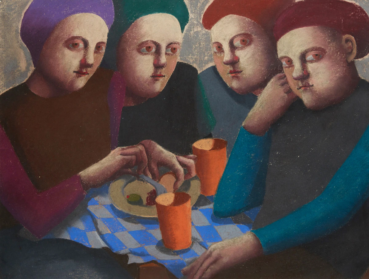 Louise Scott, Sharing a Meal, pastel