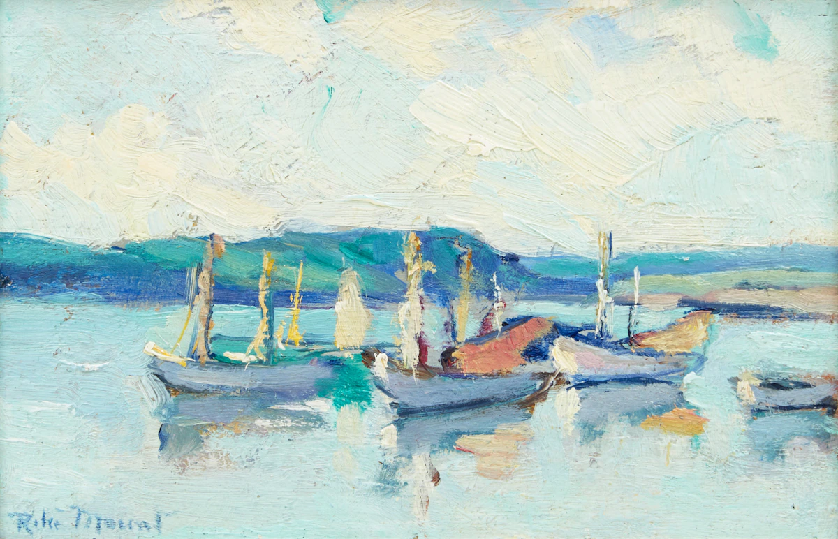 Rita Mount, Moored Boats, Port-Daniel, oil on canvas board