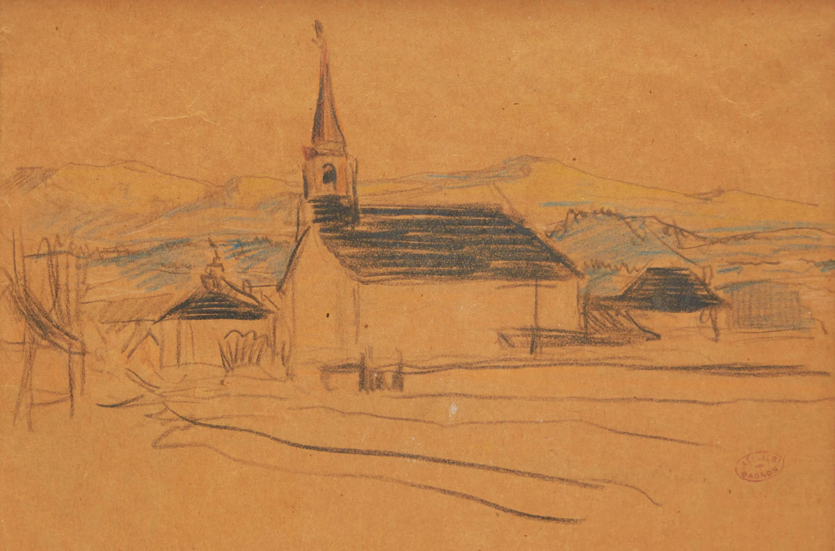 Clarence Alphonse Gagnon, Village, St. Lawrence, North Shore, crayon drawing