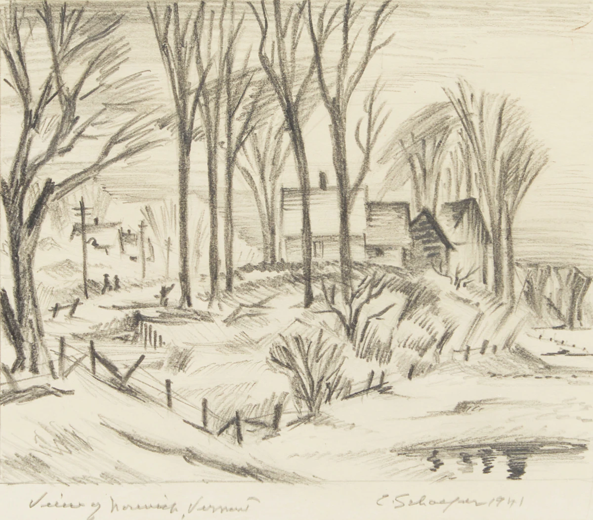 Carl Fellman Schaefer, View of Norwich, Vermont, graphite drawing, 1941