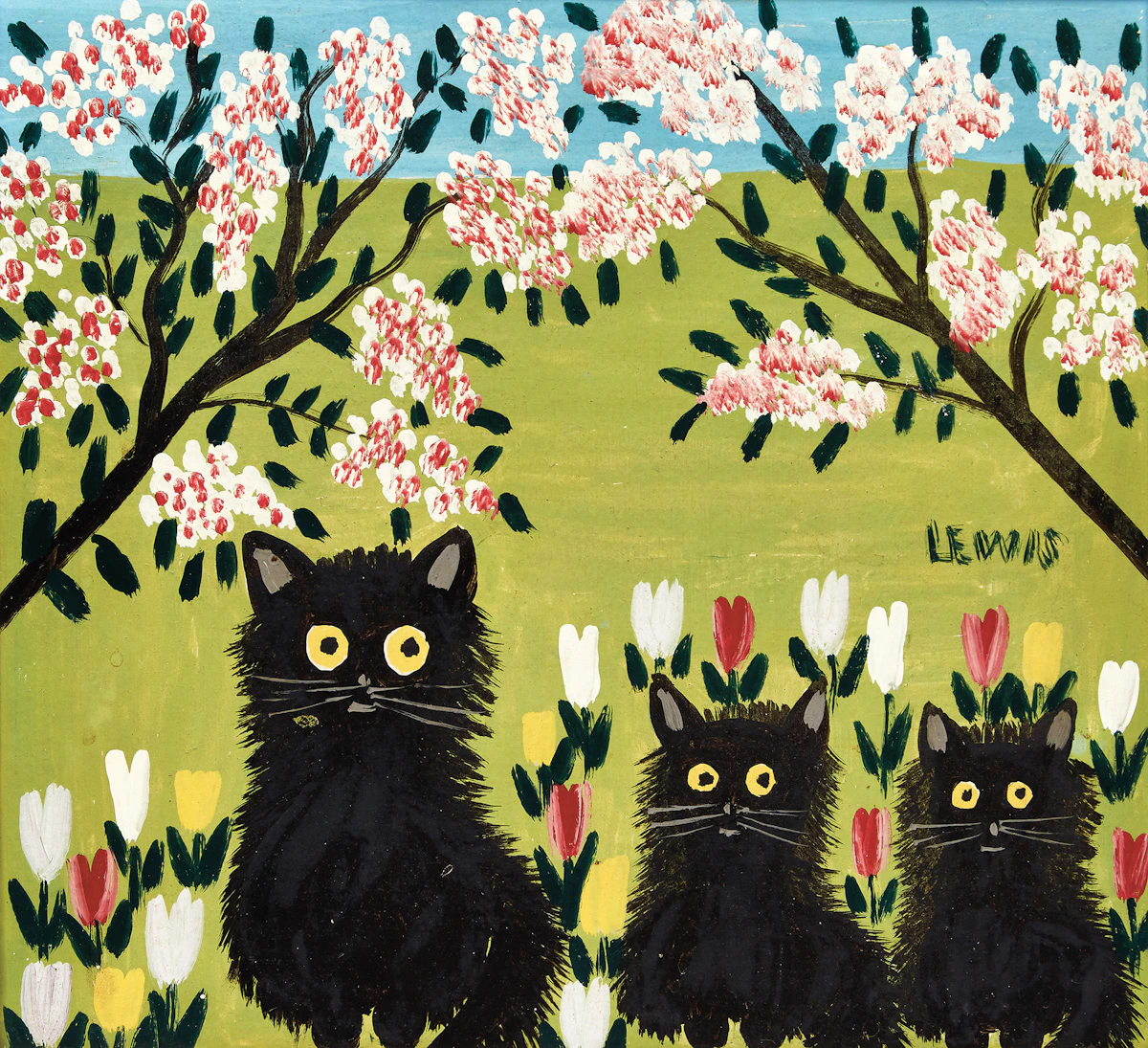 Maud Lewis, Three Black Cats, mixed media on board