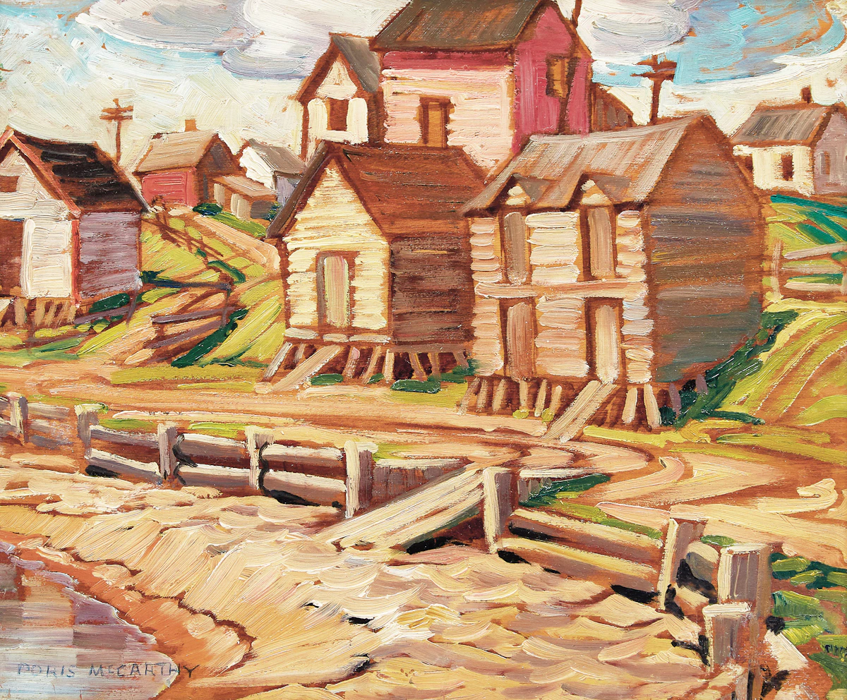 Doris Jean McCarthy, Fish Storage Sheds, Gaspé, oil on split panel