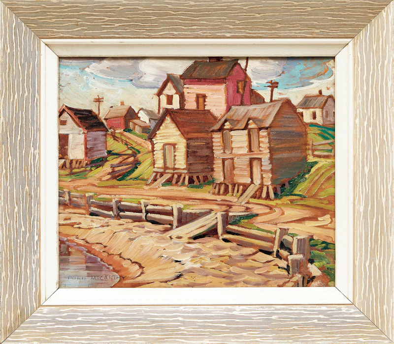 Doris Jean McCarthy, Fish Storage Sheds, Gaspé, oil on split panel - view 2