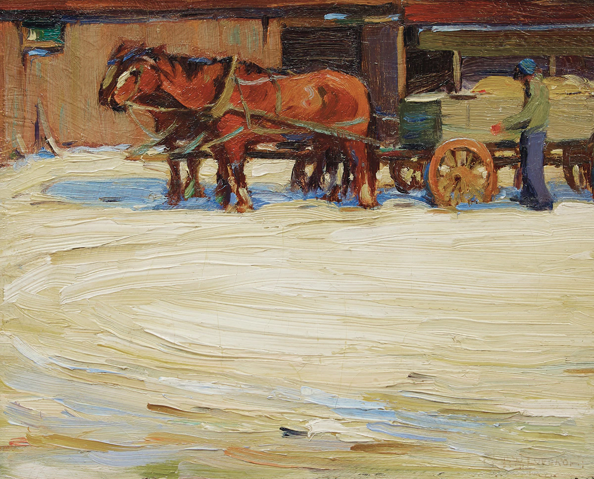 Frederick Nicholas Loveroff, Horses Pulling a Wagon, Winter, oil on board (double-sided)