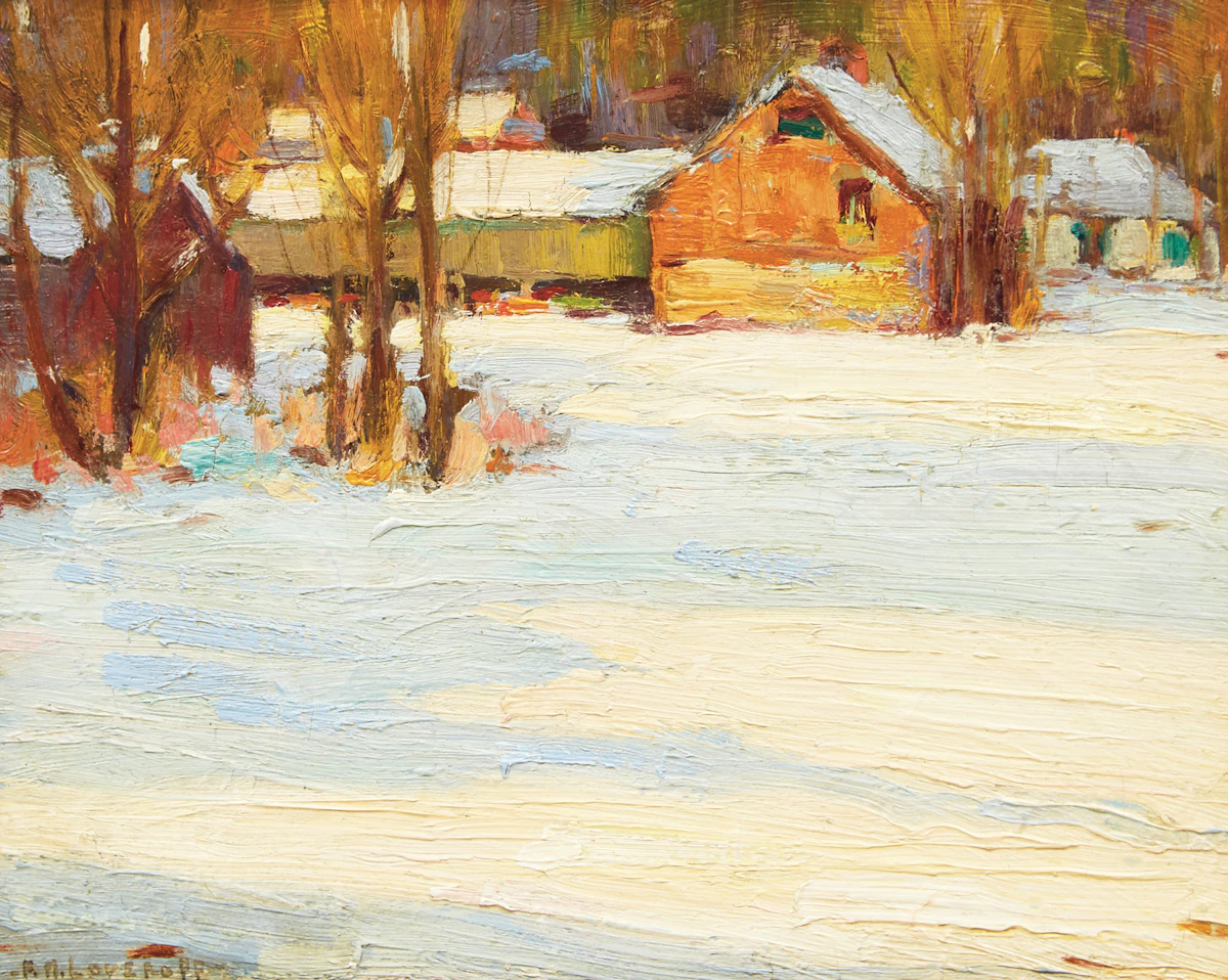 Frederick Nicholas Loveroff, Farm Scene in Winter, oil on board