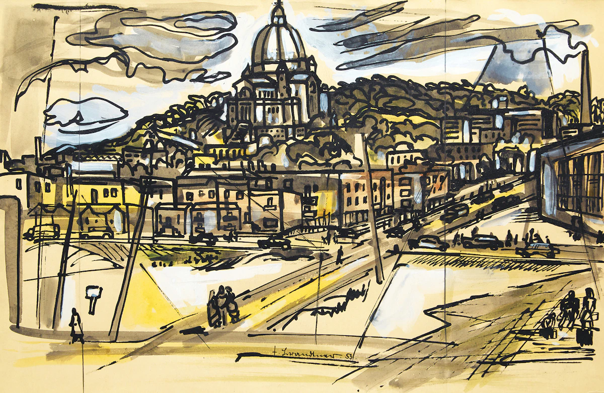 Fritz Brandtner, View of the Oratory, Montreal, mixed media on paper