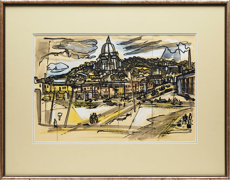 Fritz Brandtner, View of the Oratory, Montreal, mixed media on paper - view 2