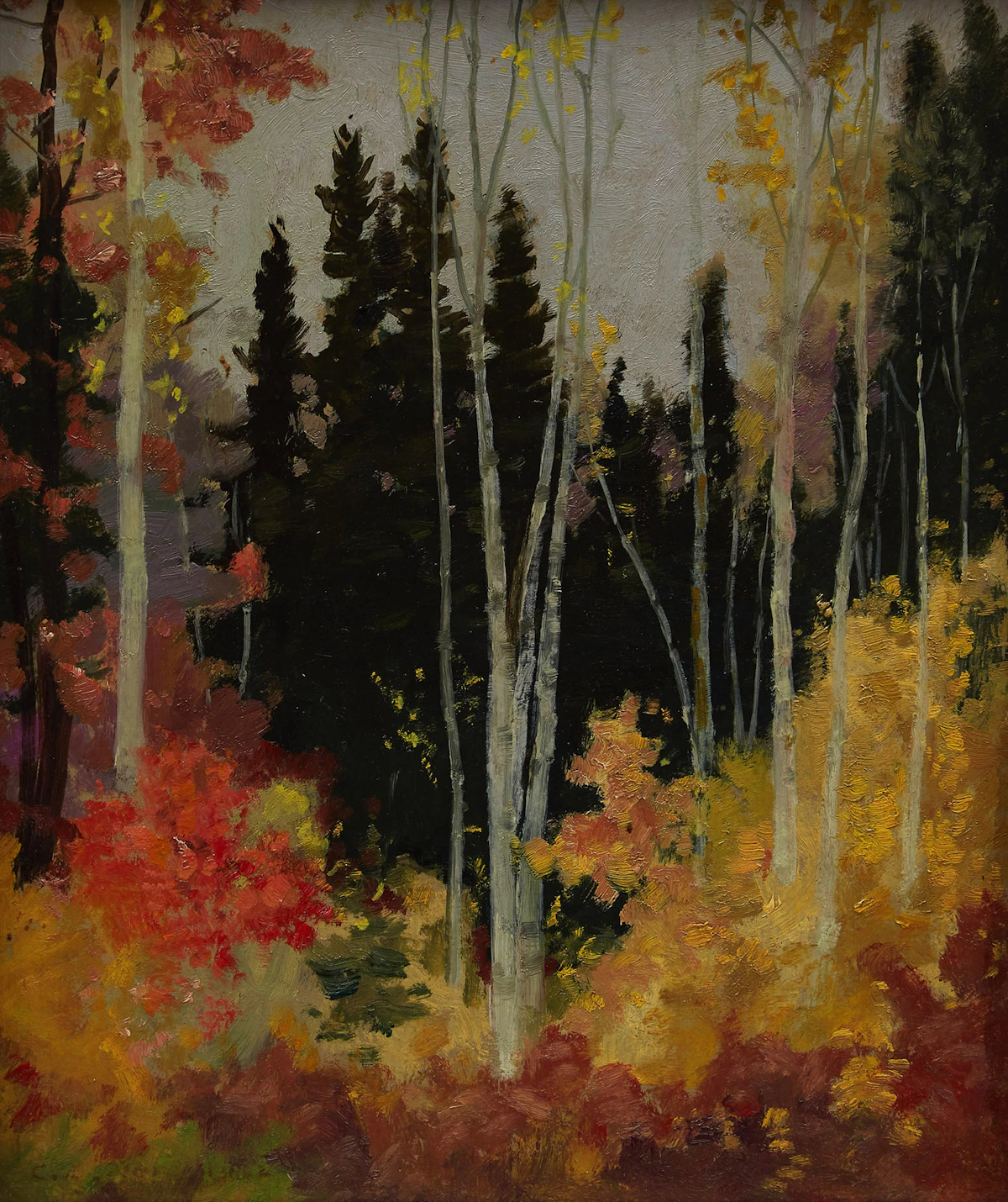 George Agnew Reid, Autumn Contrast, oil on board, 1935