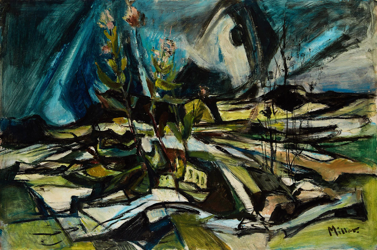 Alexander Samuel Millar, Spring Landscape; Landscape with Red Mountains; Fish Swimming, three oils on board