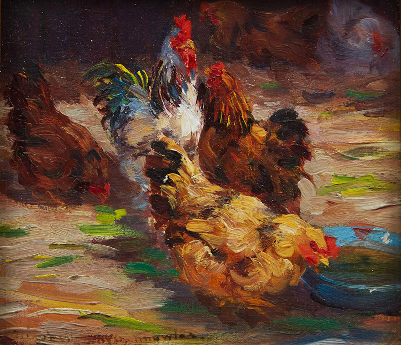 Rooster with Three Hens; Rooster with Two Hens Feeding by Elizabeth Annie McGillivray Knowles
