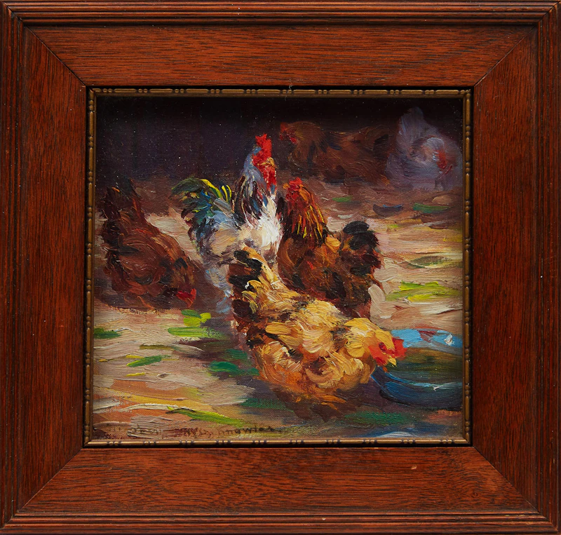 Elizabeth Annie McGillivray Knowles, Rooster with Three Hens; Rooster with Two Hens Feeding, two oils on board - view 2