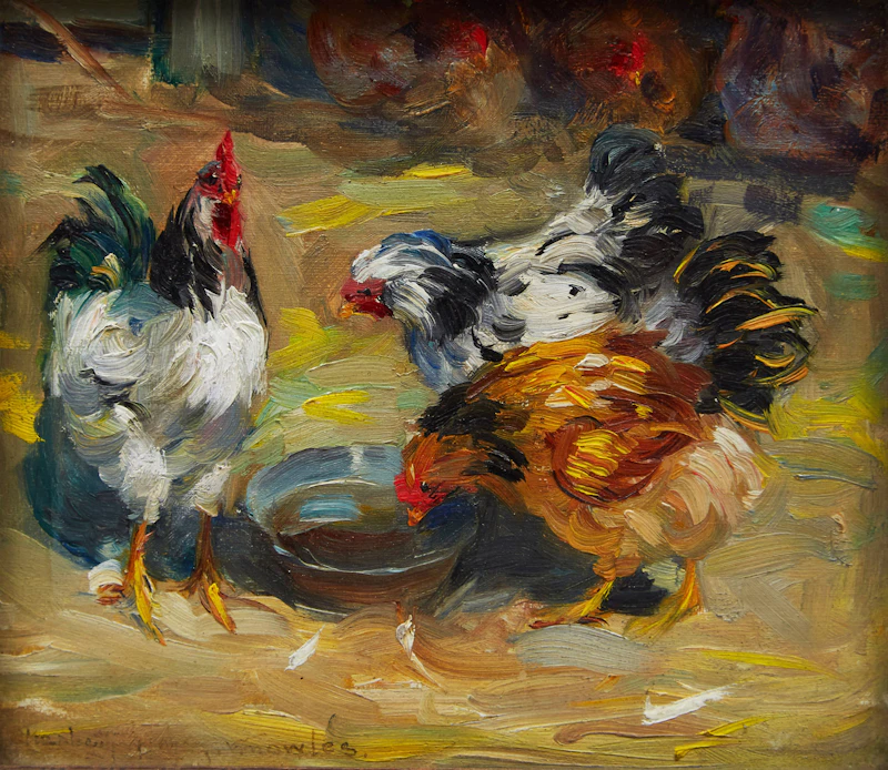 Elizabeth Annie McGillivray Knowles, Rooster with Three Hens; Rooster with Two Hens Feeding, two oils on board - view 4