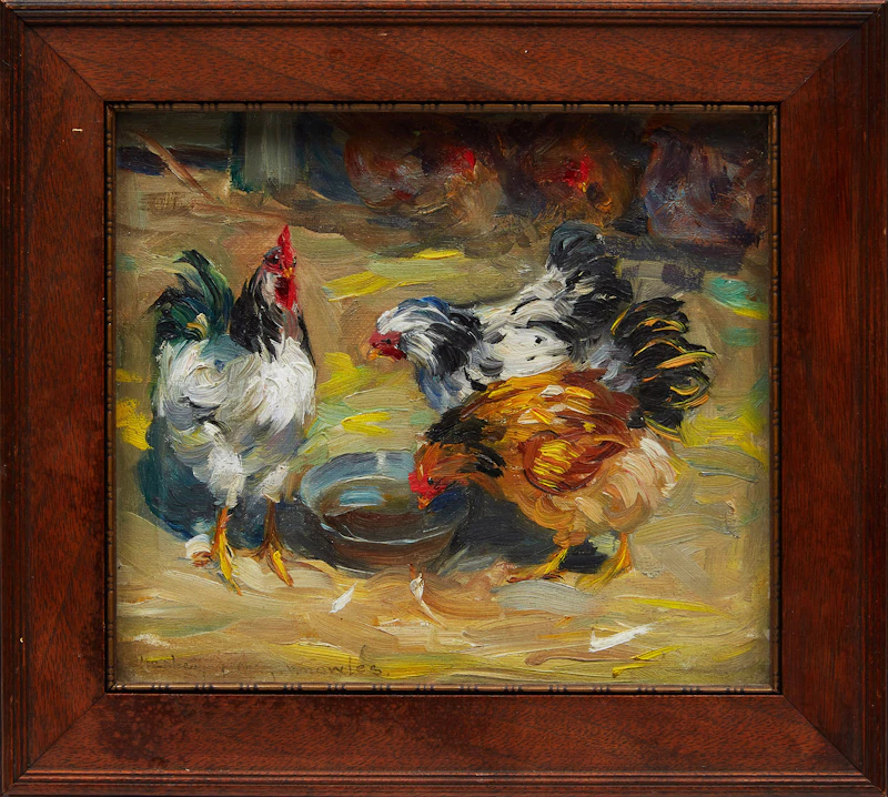 Elizabeth Annie McGillivray Knowles, Rooster with Three Hens; Rooster with Two Hens Feeding, two oils on board - view 5