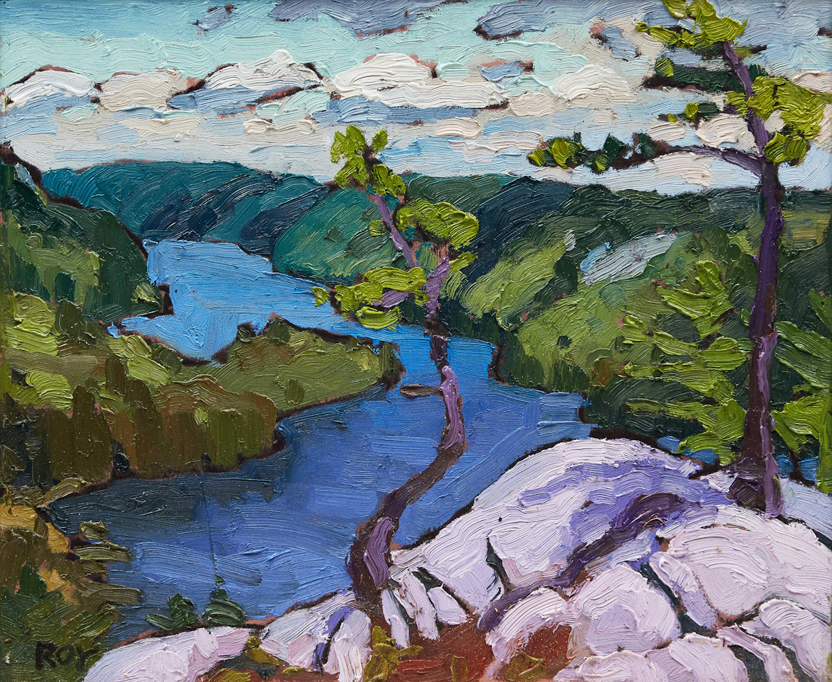 Rejean Roy, Two Pines on Nellie Lake, oil on board, 2014