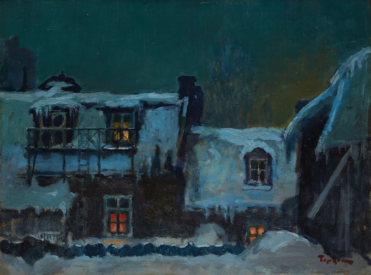 William Thurston Topham, Rooftops Back of University Street, oil on metal
