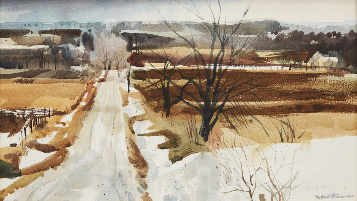 Donald Mackay Houstoun, Snow Patches, Country Road, Elora, watercolour