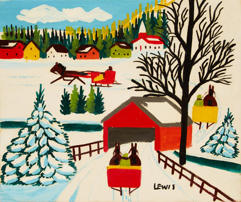 Maud Lewis, Winter Landscape with Covered Bridge and Three Sleighs