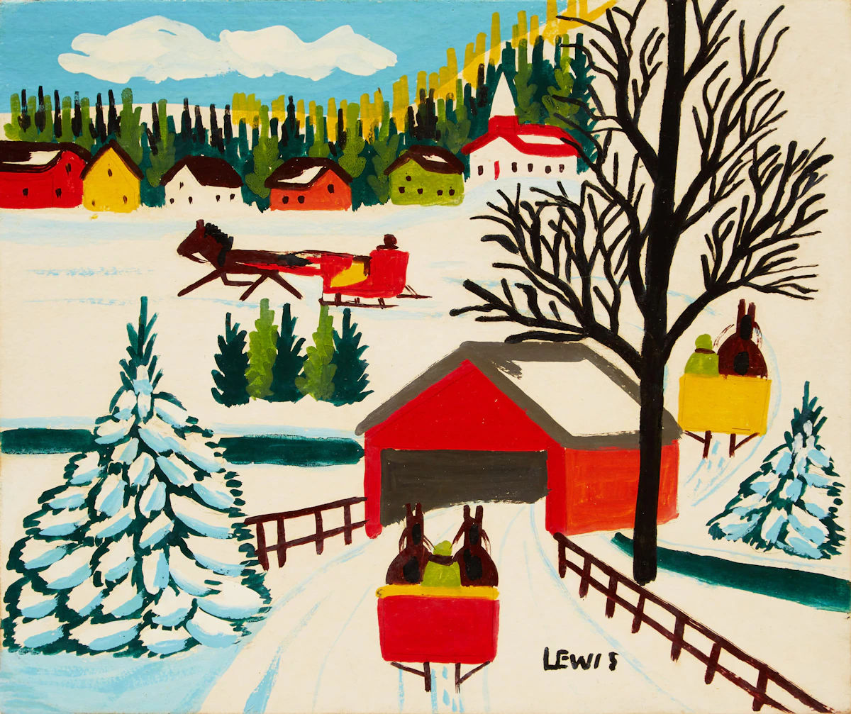 Maud Lewis, Winter Landscape with Covered Bridge and Three Sleighs, mixed media on board, circa 1965