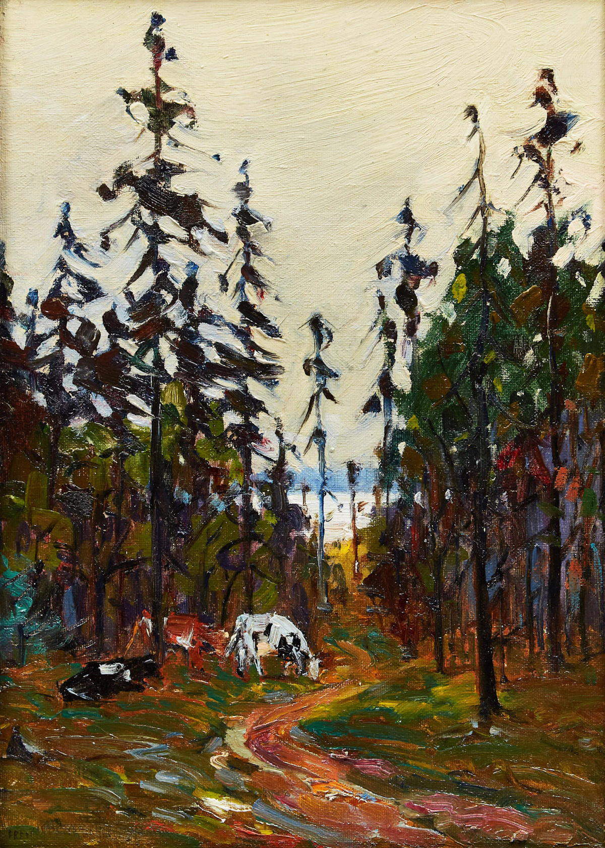 Frank Shirley Panabaker, Cattle by a Path in the Woods, oil on canvas laid down on card