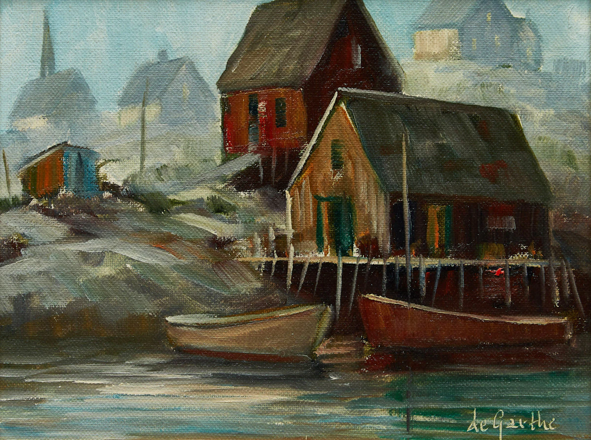 William Edward deGarthe, Harbour Scene with Docked Boats, oil on canvas board