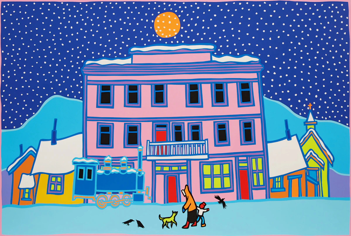 Ted Harrison, Carcross Winter, colour lithograph, 1989