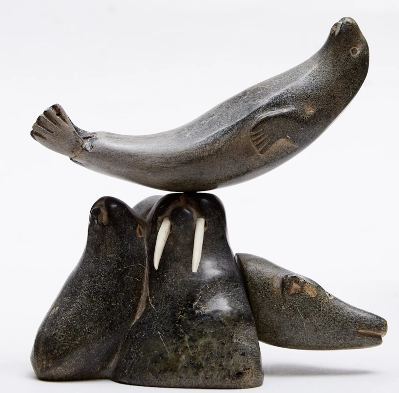 Composition with Walrus, Seals, Bear and Face by Mususi Uniurtitak Ainalik