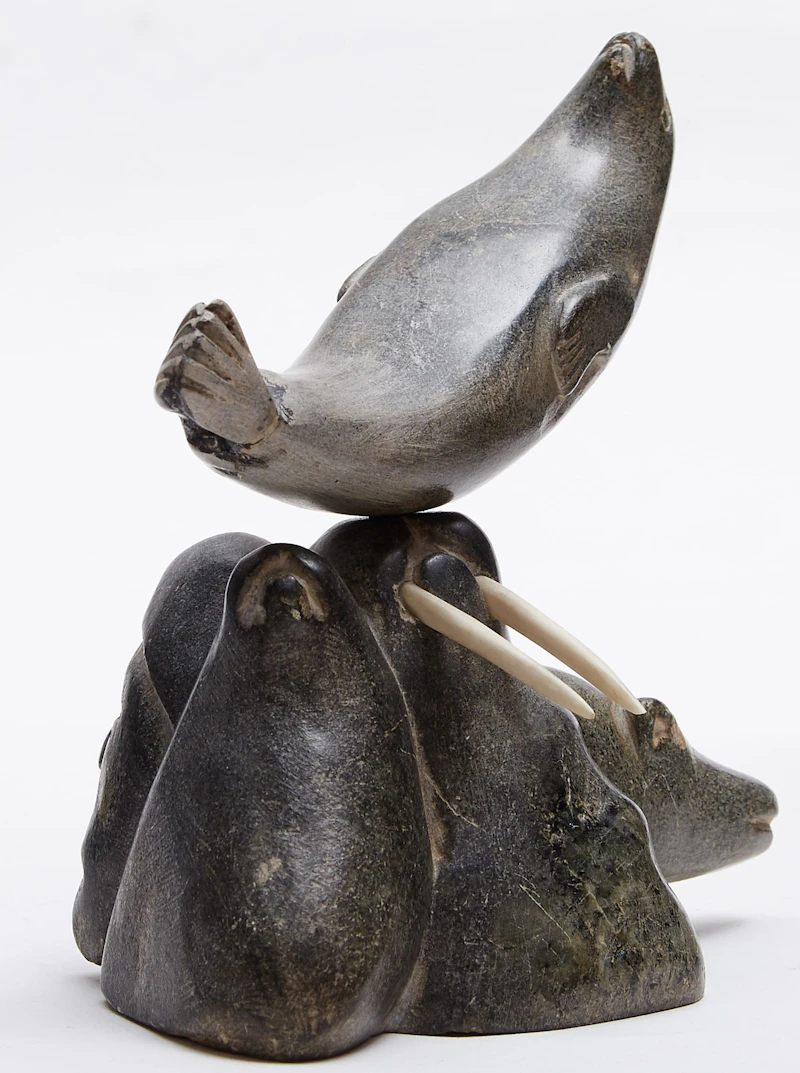 Mususi Uniurtitak Ainalik, Composition with Walrus, Seals, Bear and Face, segmented stone; ivory; wood - view 2