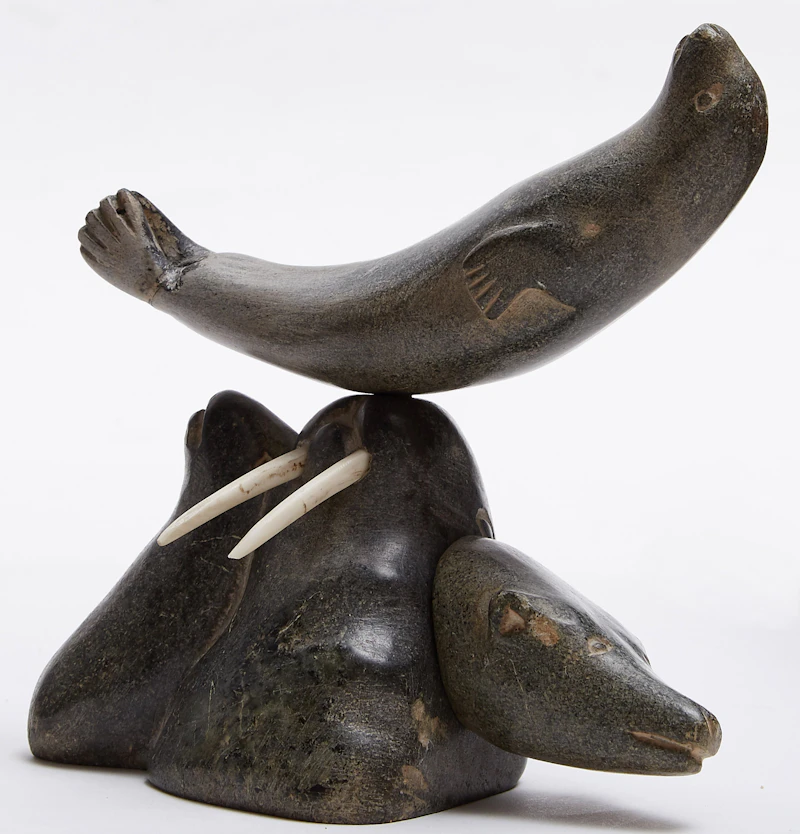 Mususi Uniurtitak Ainalik, Composition with Walrus, Seals, Bear and Face, segmented stone; ivory; wood - view 3