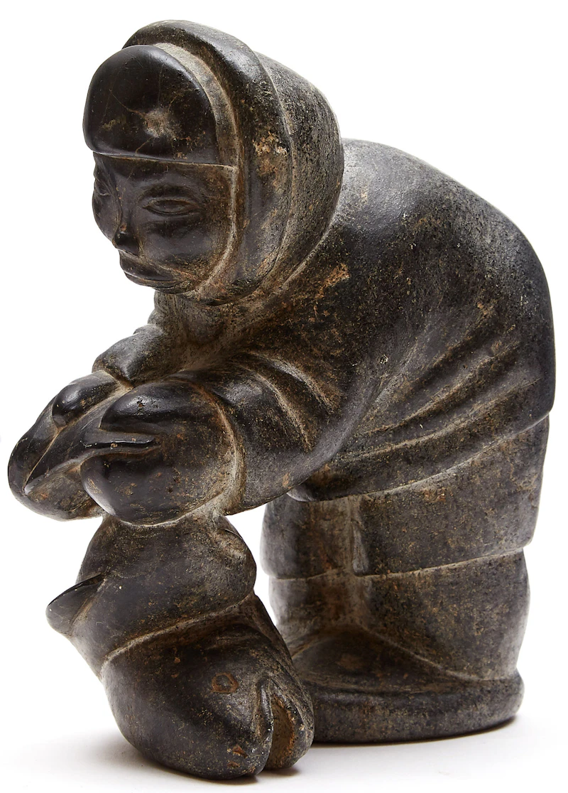 Simeonie Kingalik, Man Bending Over, Holding Fish, stone - view 2