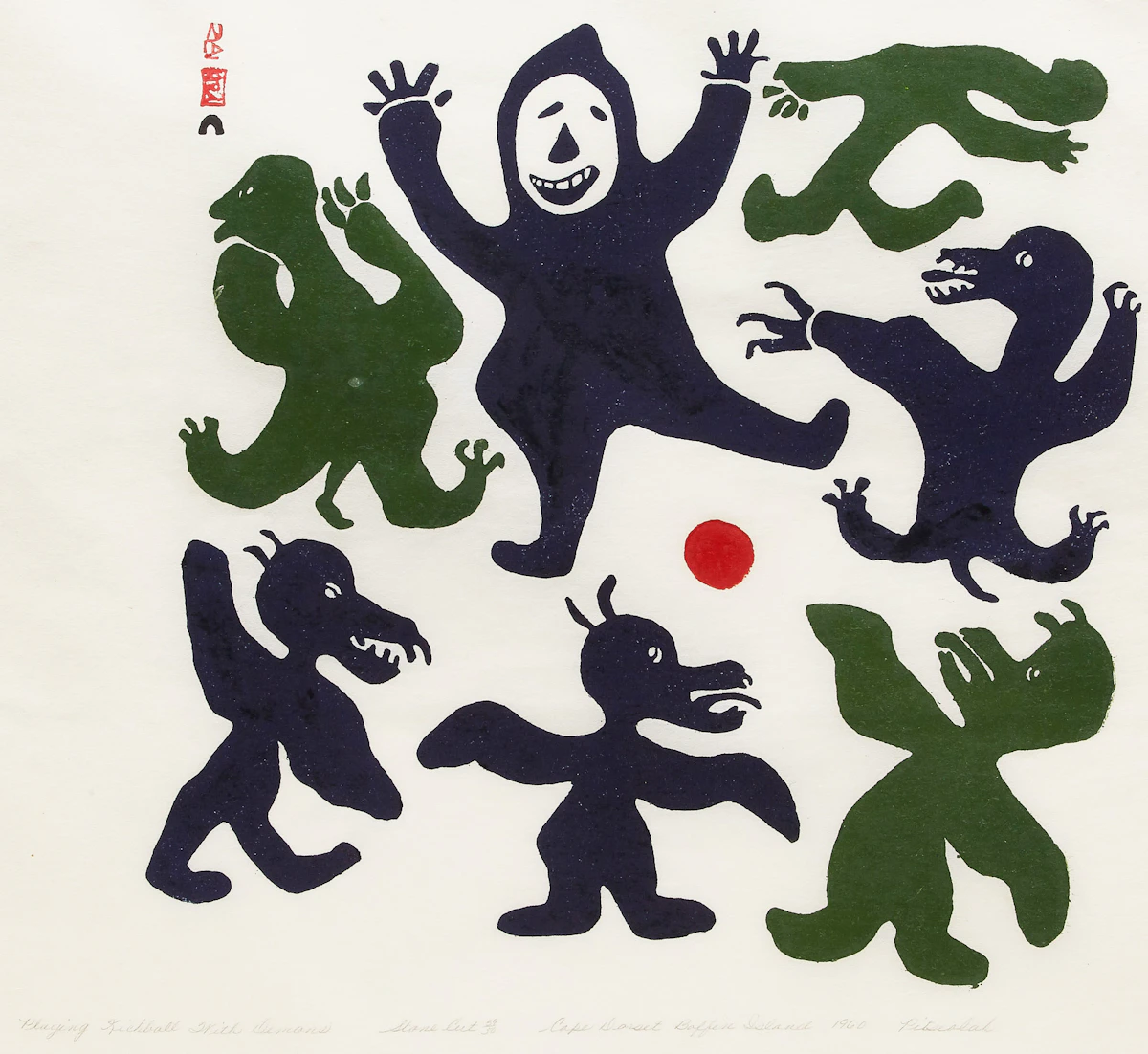 Pitseolak Ashoona, Playing Kickball with Demons, stonecut, 1960