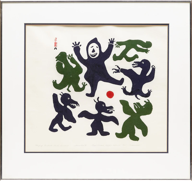 Pitseolak Ashoona, Playing Kickball with Demons, stonecut, 1960 - view 2
