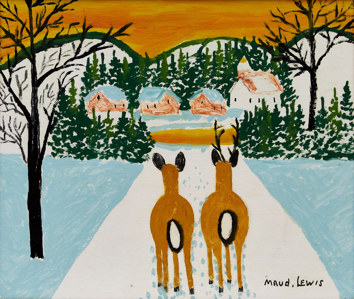 Maud Lewis, Two Deer in a Winter Landscape, mixed media on board