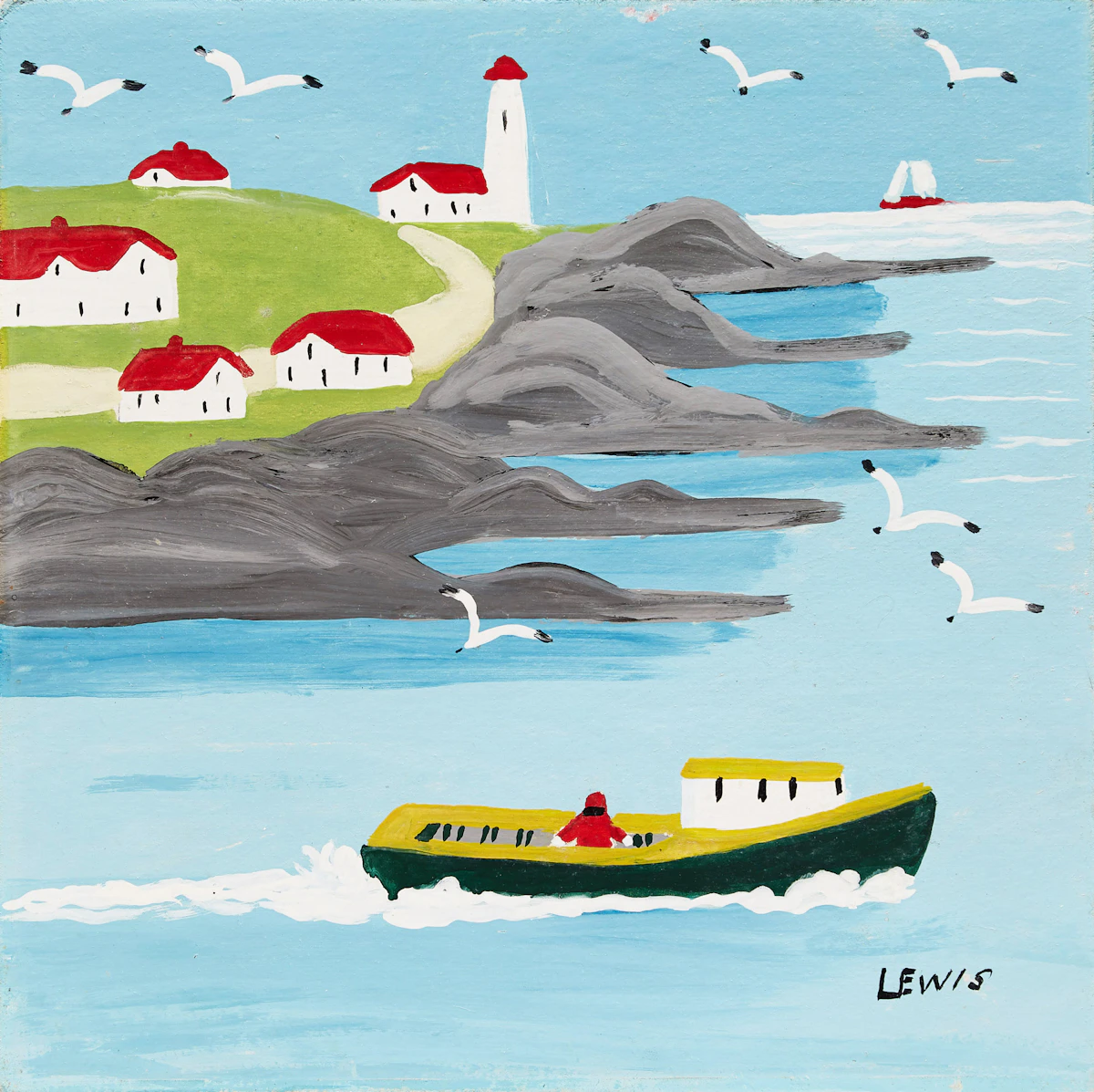 Maud Lewis, Boat Going to Sea, mixed media on board