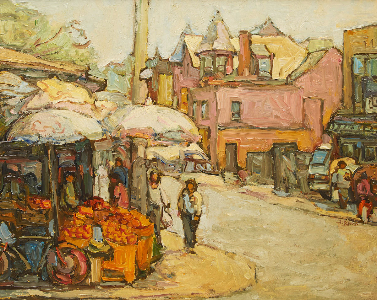 Donald Besco, Summer in Kensington Market, oil on board