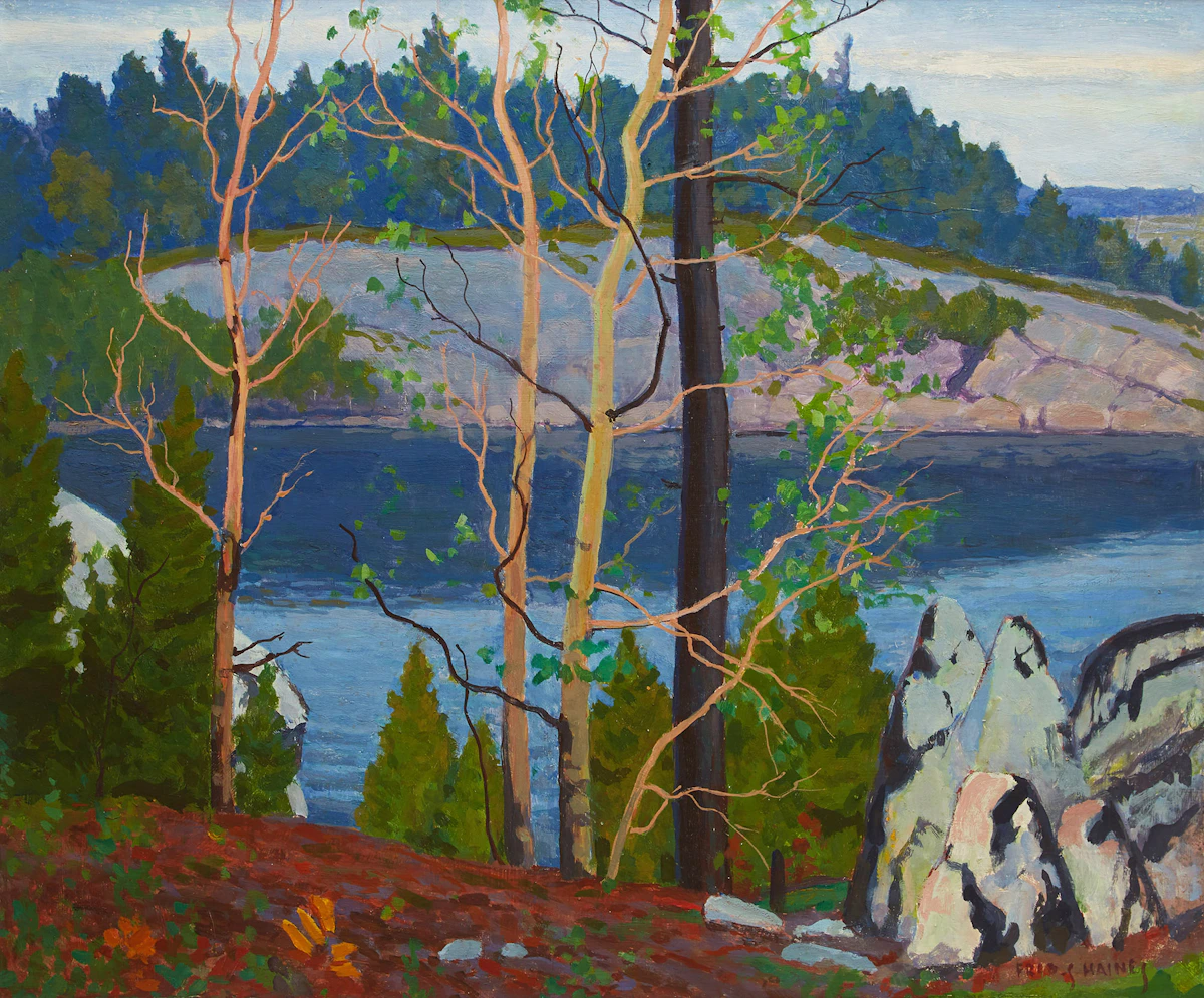 Frederick Stanley Haines, Birches Overlooking a Lake, oil on metal