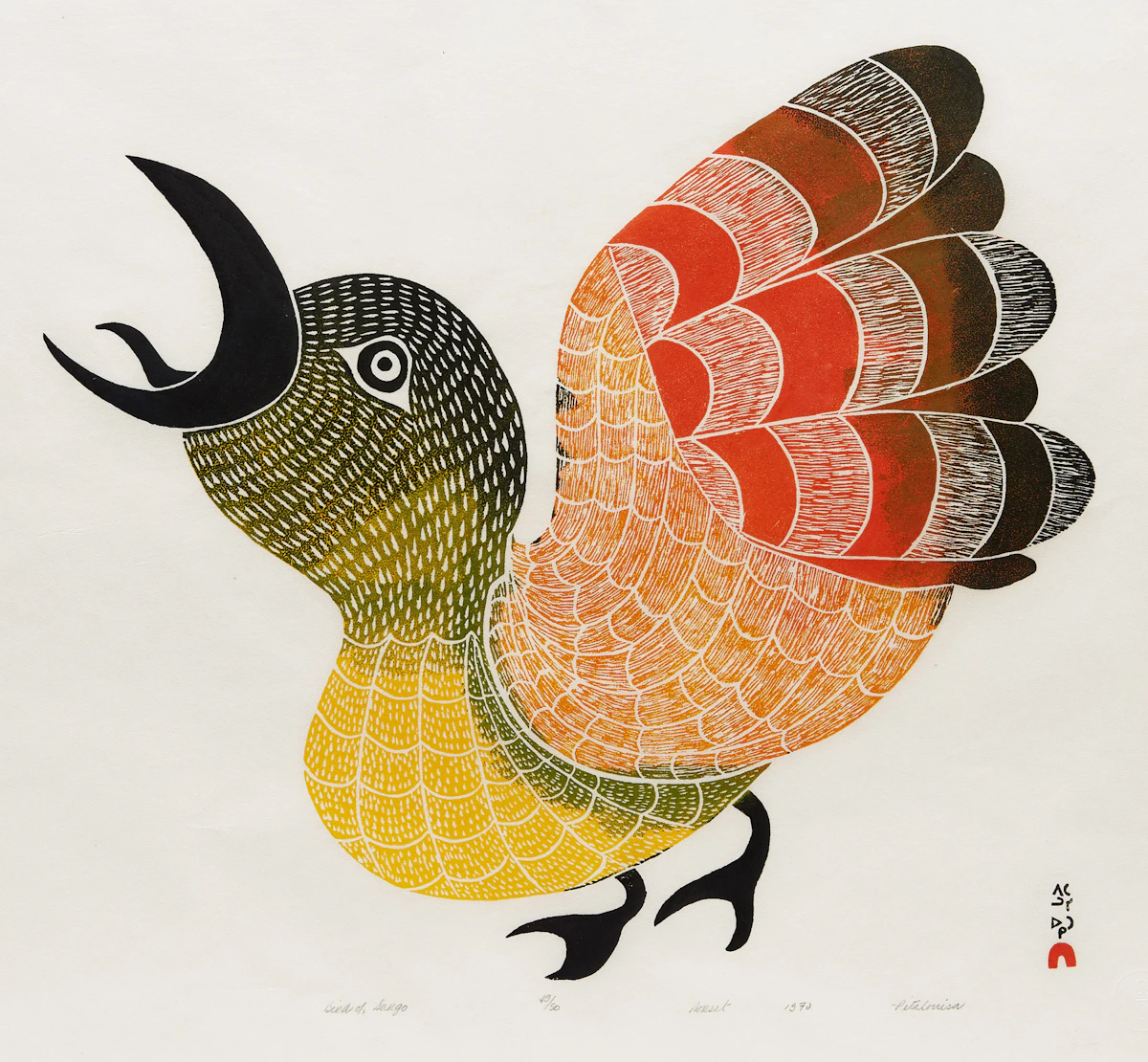 Pitaloosie Saila, Bird of Sargo, stonecut, 1972