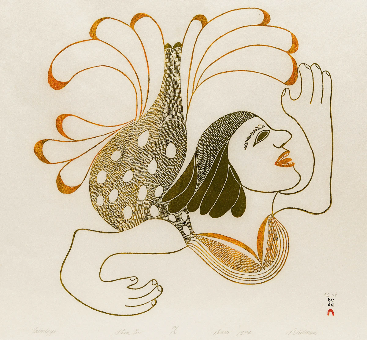 Pitaloosie Saila, Taleelayo, stonecut, 1974