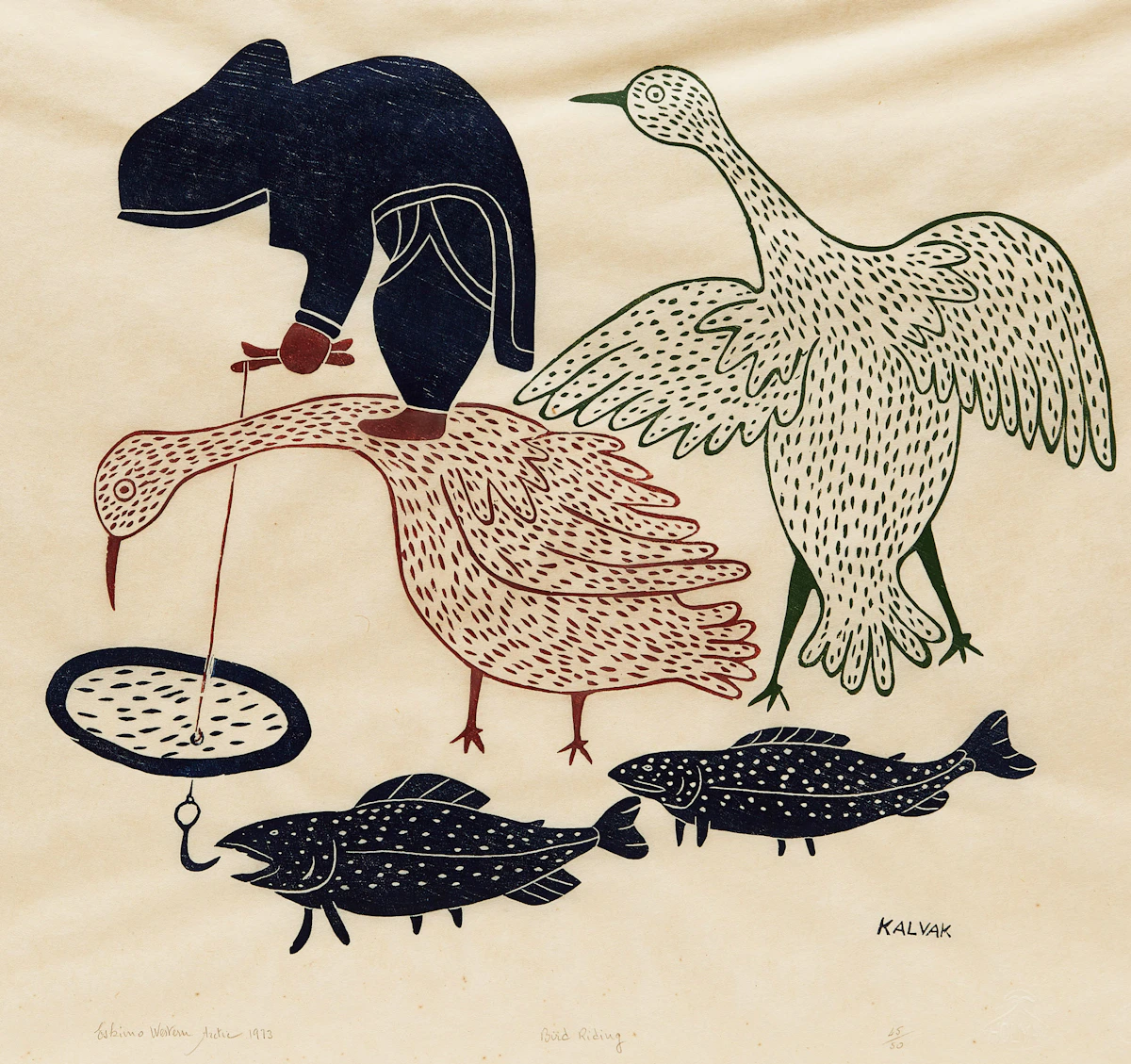 Helen Kalvak, Bird Riding, stonecut, 1973
