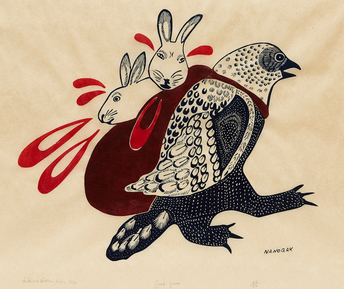 Agnes Nanogak, Good Hunt, stonecut, 1973