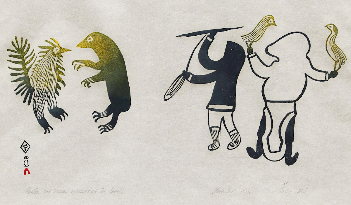 Lucy Qinnuayuak, Hunter and Woman Approaching Two Spirits, stonecut, 1965