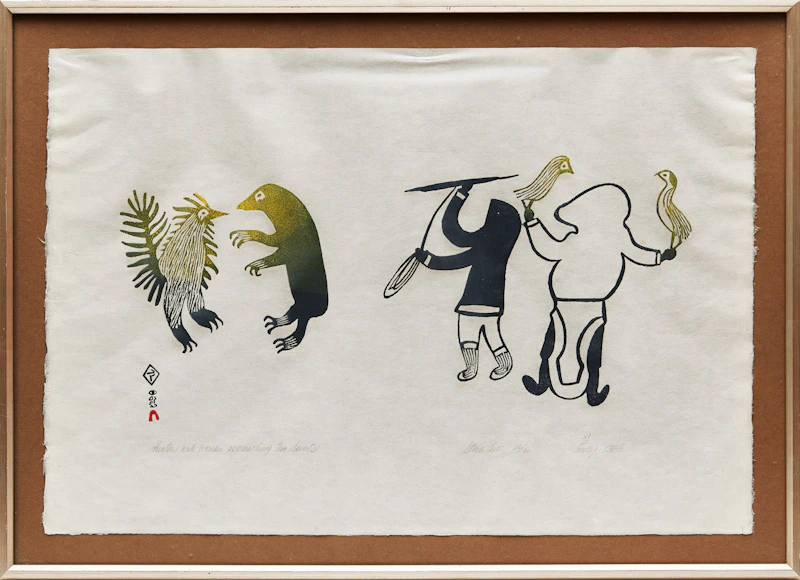 Lucy Qinnuayuak, Hunter and Woman Approaching Two Spirits, stonecut, 1965 - view 2
