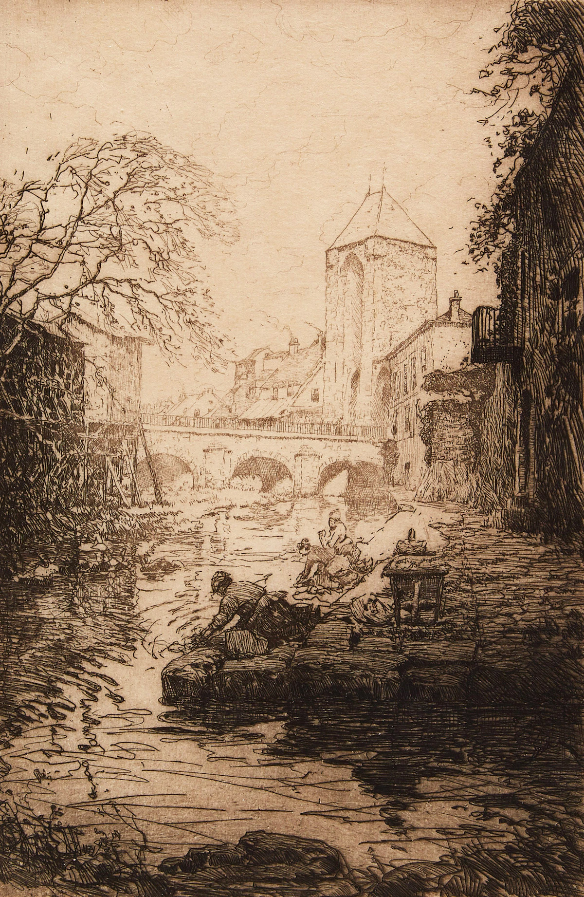 Clarence Alphonse Gagnon, Porte de Bourgogne, Moret-sur-Loing, etching, 1908
