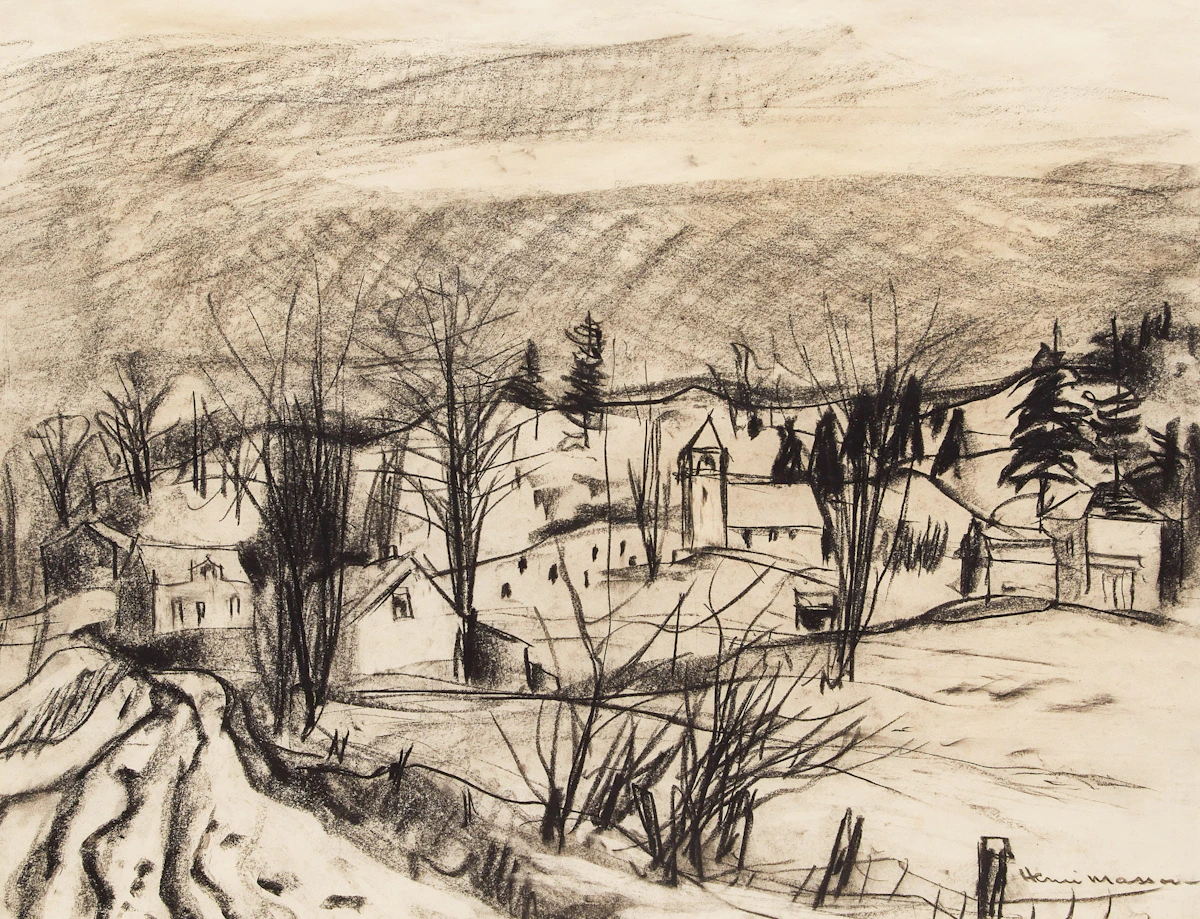 Henri Leopold Masson, Village in Winter, charcoal drawing