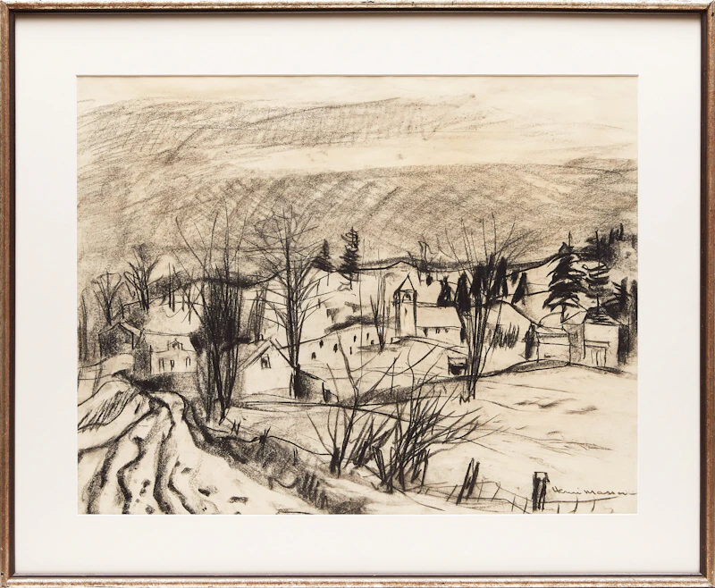 Henri Leopold Masson, Village in Winter, charcoal drawing - view 2