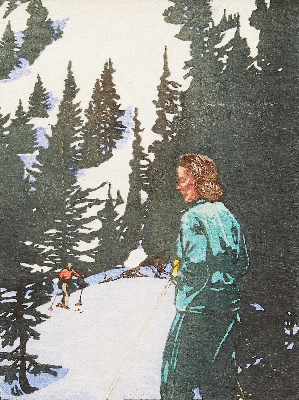 Walter Joseph Phillips, Ski Trail, colour woodcut