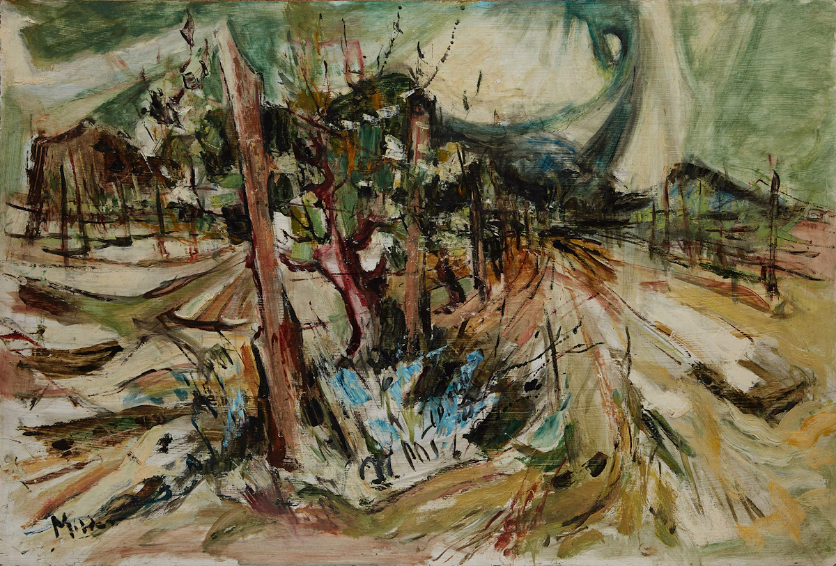 Alexander Samuel Millar, Fenced In Landscape; Abstract Landscape; Autumn Island Landscape, three oils on board