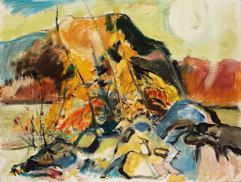 Alexander Samuel Millar, Fenced In Landscape; Abstract Landscape; Autumn Island Landscape, three oils on board - view 5