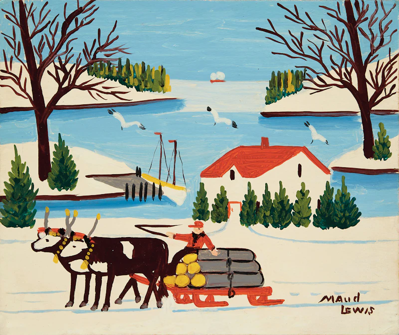 Maud Lewis, Pair of Oxen with Sled of Logs
