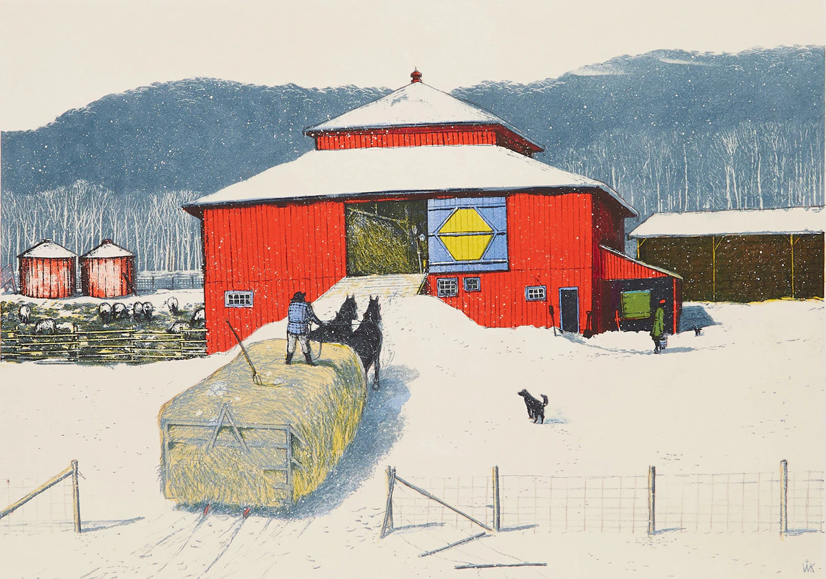 William Kurelek, Snowfall Ending on Quebec-Ontario Border, colour lithograph, 1974