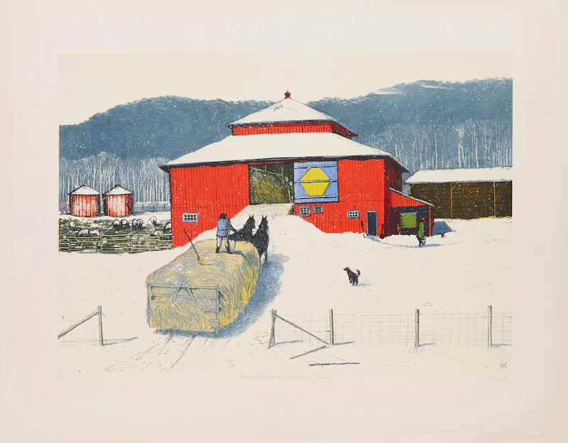 William Kurelek, Snowfall Ending on Quebec-Ontario Border, colour lithograph, 1974 - view 2